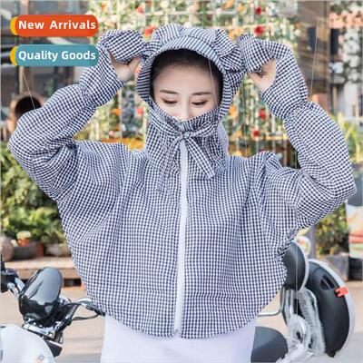 Summer short section hooded sun shirt female plaid cycling f