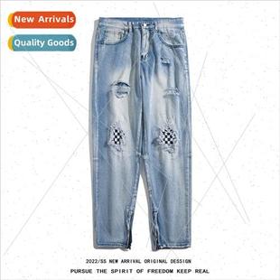 mens nine straight hole old loose jeans pants broken minute