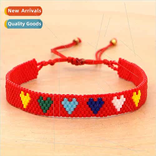 Boho mple DB Antique Rice Beads Woven Red Heart Pattern Brac