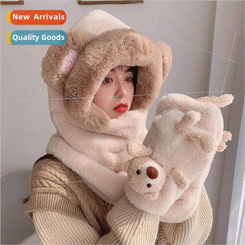 Cute plush bear scarf all-in-one three-piece female fall and