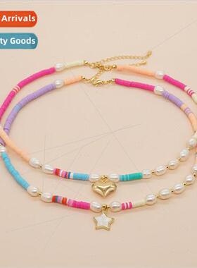 Wind girl necklace clashing color soft ceramic pearl pentagr