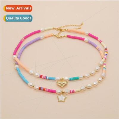 Wind girl necklace clashing color soft ceramic pearl pentagr