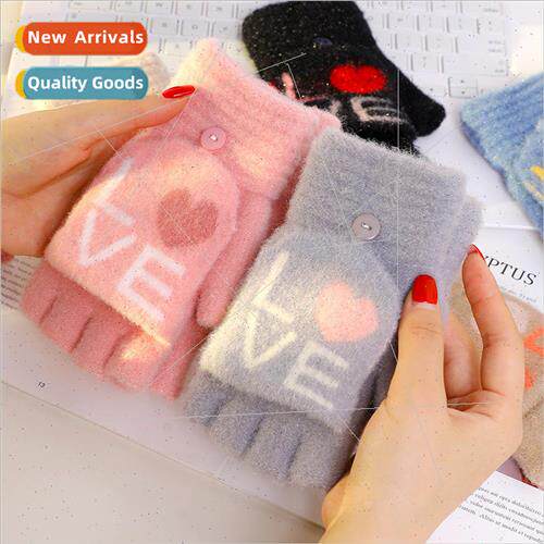Love half-finger flip gloves winter ladies cute thickened co