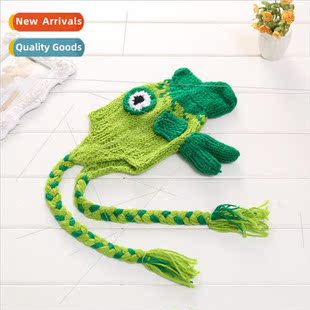 Hand Knit Baby Green Hat Fish Wool Handmade Braid