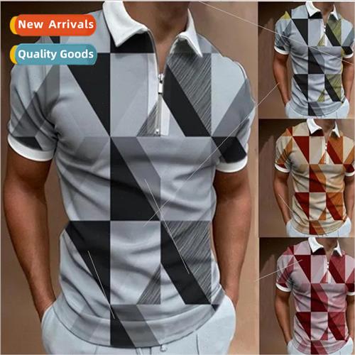 Mens Fashion 3D Digital Printing Short Sleeve Zipper Polo Sh