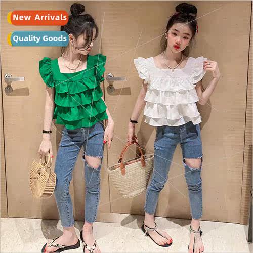 Girls summer fei sleeve suit 2023 new little girl ruffled fa