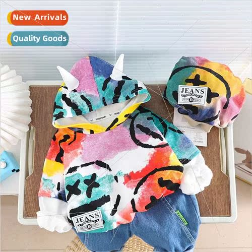2023 Autumn new tie-dye smiley hooded sweater suit cartoon s