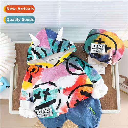 2023 Autumn new tie-dye smiley hooded sweater suit cartoon s
