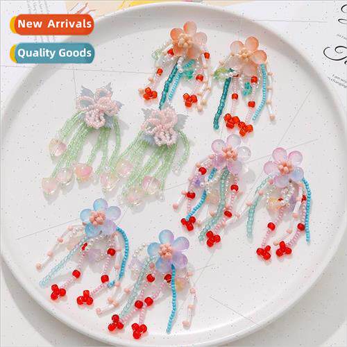 Super fairy colorful long tassel woven glass flower earrings