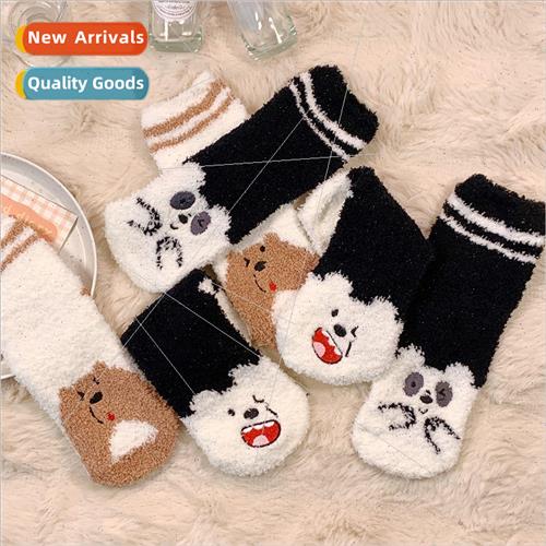 Autumn and winter warm bear coral fleece mid-calf socks fema