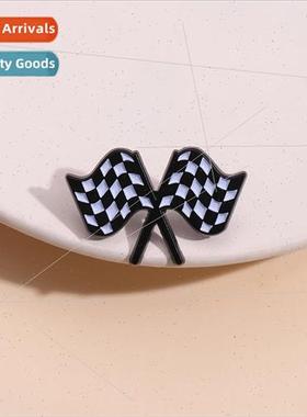 Racing theme brooch hand waving flag vintage black and white