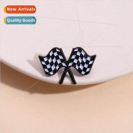 Racing theme brooch hand waving flag vintage black and white