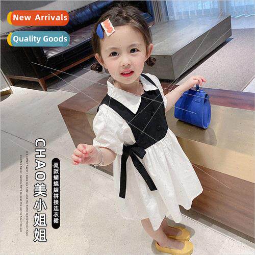 Childrens clothing girls 2023 summer new bow girls fake two-