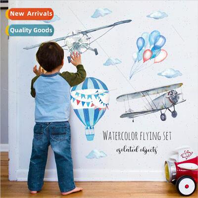 Watercolor hand-painted airplane balloon childrens room bedr
