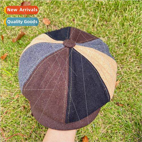 Autumn and winter tweed splicing octagonal cap fashionable v