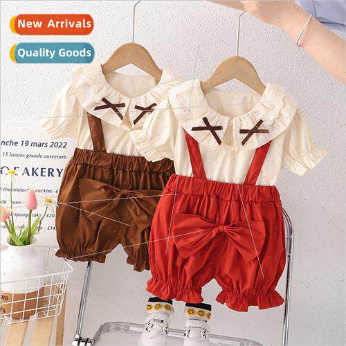 Baby girl bow tie back short sleeve suit 2023 new summer chi