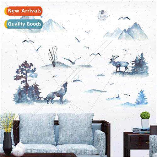 Wall stickers new ink mountain 适用est wolf deer bird bedroo