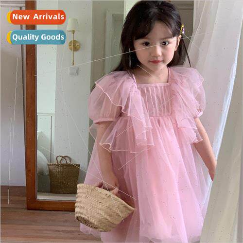 Korea girls dress 2023 summer new children ruffled mesh skir