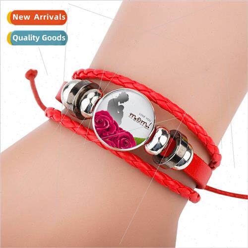 Big Red MOM Love Cowhide Bracelet Handmade Beaded Braided Ro