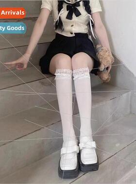 Thin lace lace white velvet bare board calf socks ribbon blu