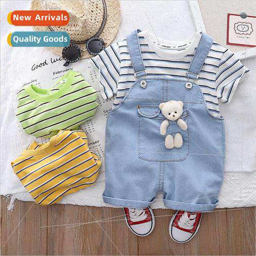 2023 New childrens striped denim straps suit cartoon bear ba