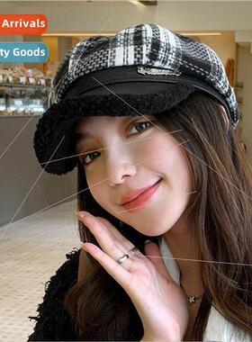 Retro plaid lambswool octagonal cap childrens fall and winte