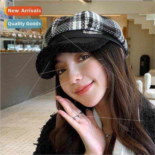 Retro plaid lambswool octagonal cap childrens fall and winte