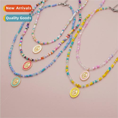 INS dopamine vintage  colorful rice beads saint metal oval p