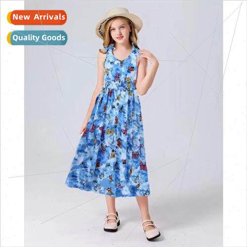 Short Sleeve Printed Pink Kids Dresses Back Hollow Girls Dre