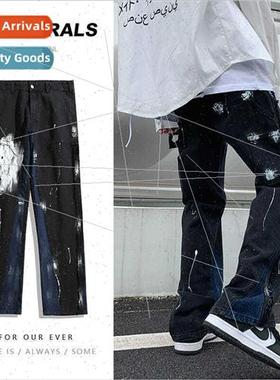 Ink Splash Design Jeans American Vintage Splicing Loose Casu