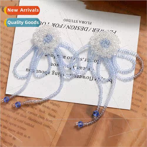 Cold wind tassel long flowers bow earrings diy handmade weav