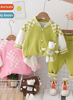 2024 spring new plaid pocket bear suit cartoon suit 1-5 year