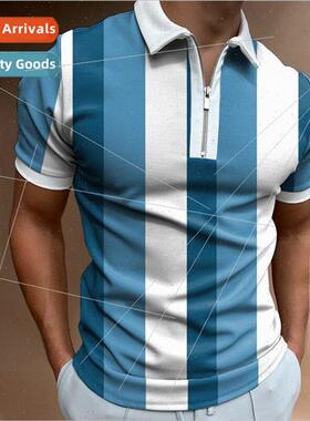 Mens 2023 spring new mens casual 3D printing lapel short-sle