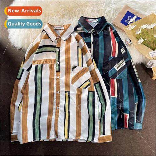 Color clashing vertical striped work shirt Japanese college