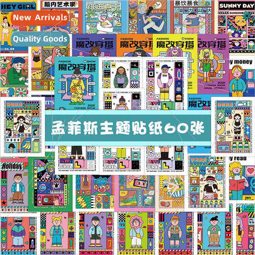 60 Memphis Style Theme Stickers Cartoon Retro Character Illu