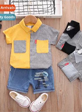 2023 Summer Childrens Thin Color Blocking Striped Shirt Set