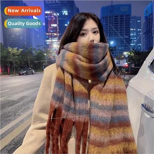 plaid scarf female New warm mohair winter thickening striped