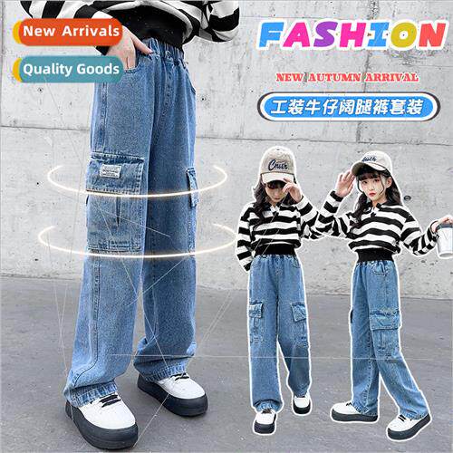 Girls denim overalls 2023 spring and fall new childrens clot