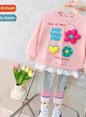 Childrens spring girls long-sleeved flower sweater bottoms t