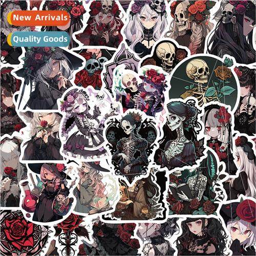 50 gothic rose girl stickers horror red and black skeleton s
