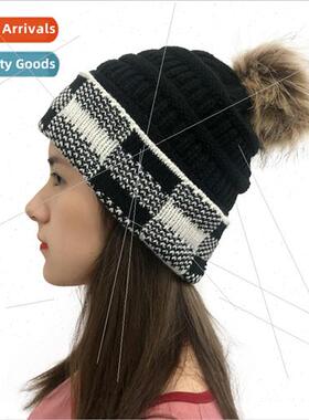2020 new warm wool cap large square plaid color blocking rem
