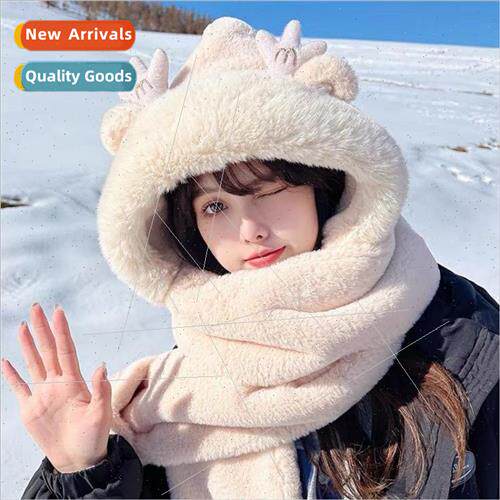 Hat female winter padded thickened scarf cute furry dragon h