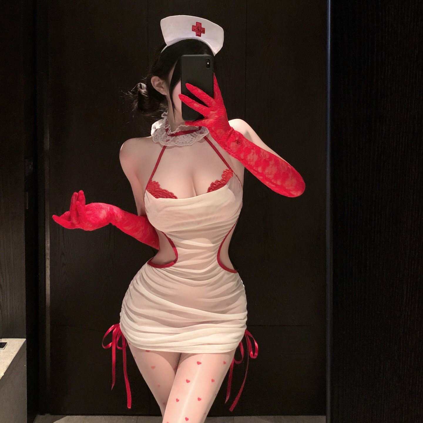 性感纯欲蕾丝护士包臀装制服女挂脖露背绑带角色扮演诱惑睡衣套装