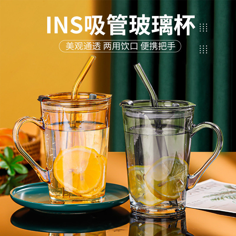 带把玻璃杯子家用办公室简约喝水杯高颜值咖啡杯ins风情侣吸管杯