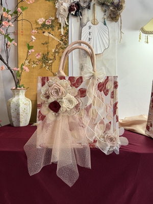 原创手作粉色甜美纯欲婚小中号托特包布艺玫瑰包手提包