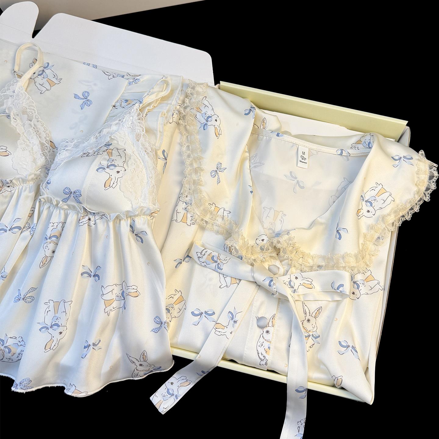 真丝睡衣女春秋季七分袖吊带四件套可爱小兔性感蕾丝带胸垫家居服