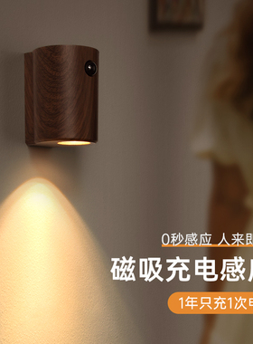 USB充电智能人体感应灯胡桃木纹氛围灯磁吸壁灯入户门射灯小夜灯