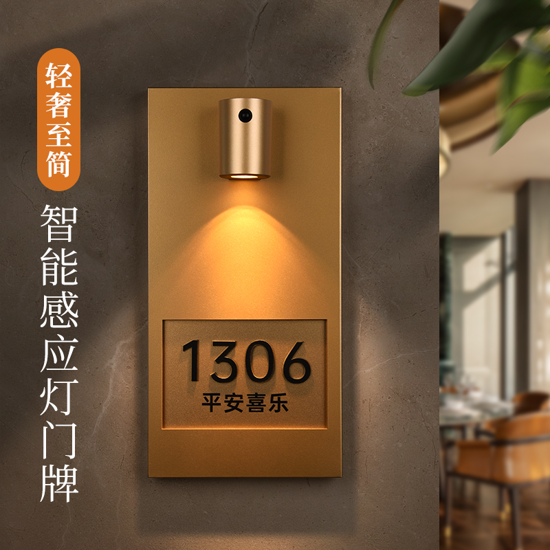 高档金属烤漆充电感应发光门牌号家用住宅亚克力立体贴字号码牌定制公寓民宿人来即亮房号牌磁吸氛围灯包厢牌