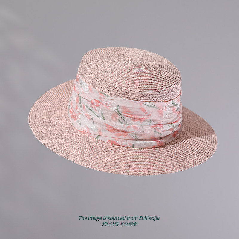 粉色中国风刺绣花朵草帽女春夏季民族风遮阳防晒度假平檐礼帽百搭