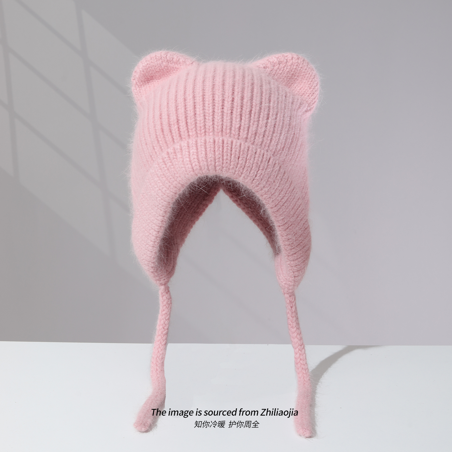 可爱猫耳朵针织帽子女秋冬保暖防风纯色兔毛护耳毛线帽系带防寒帽